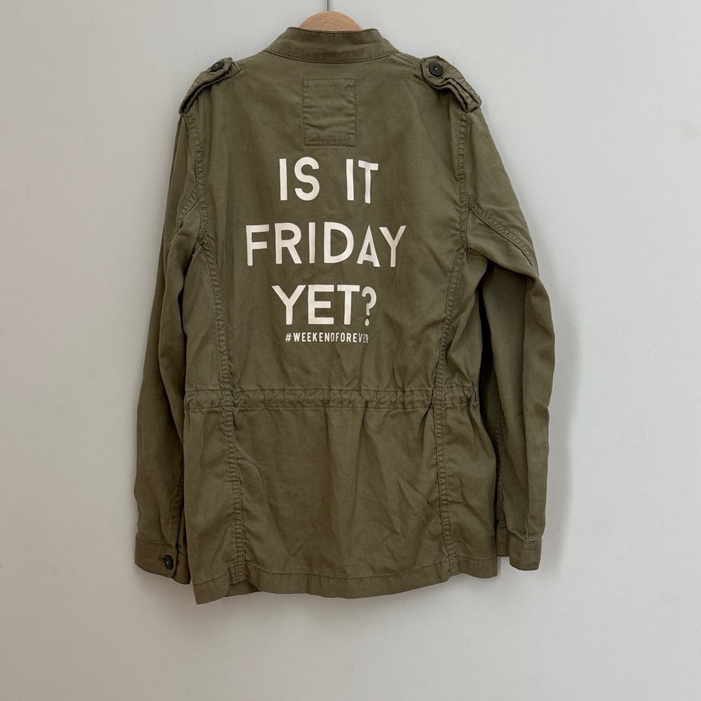 H&M Kids Olive Green Utility Field Jacket Age 10-11 "Is It Friday Yet?" Slogan